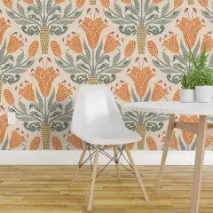 Pre-Pasted Wallpaper 2FT Wide Floral Orange Mosaic Tile Lily Roman Botanical Damask Meadow Large Scale Custom Pre-pasted Wallpaper by Spoonflower