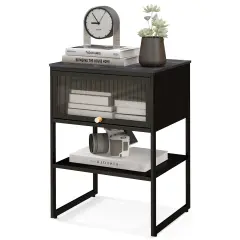 Costway 1/2 PCS Home Nightstand 3-Tier Storage Table with Door Open Shelf Heavy-duty Metal Frame Black