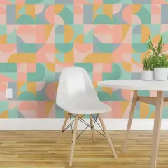 Pre-Pasted Wallpaper 2FT Wide Pastel Mod Mint Retro Abstract Gold Green Mcm Blush Pink Shapes Vintage Style Custom Pre-pasted Wallpaper by Spoonflower
