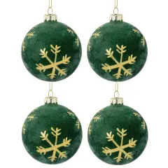 Northlight Velvet Glass Christmas Ball Ornaments with Gold Snowflakes - 3" (75mm) - Green - 4ct