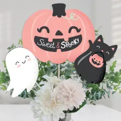 Big Dot of Happiness Pastel Halloween - Pink Pumpkin Party Centerpiece Sticks - Table Toppers - Set of 15