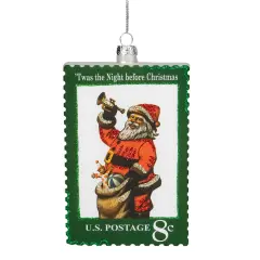 Northlight USPS Santa Stamp "Twas The Night Before Christmas" Glass Christmas Ornament - 3.5" - Green