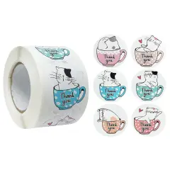 Wrapables 1.5" / 2" Thank You Stickers Roll, Sealing Stickers and Labels for Boxes, Envelopes, Bags, Small Businesses, Weddings, Parties (500pcs) Kitties & Cups