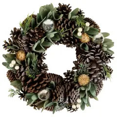 Northlight Silver and Green Mixed Foliage and Pinecone Christmas Wreath, 13.5-Inch, Unlit