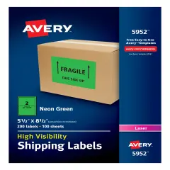 Avery Neon Shipping Labels for Laser Printers, 5-1/2" x 8-1/2", 200 Neon Green Labels (5952)