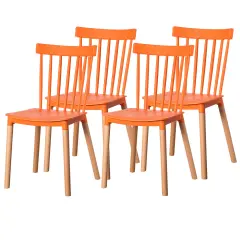Modern Plastic Dining Chair Windsor Design with Beech Wood Legs Set of 4 Orange