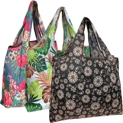 Wrapables Large Foldable Tote Nylon Reusable Grocery Bag, 3 Pack Blossoms & Ferns