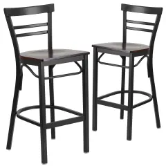 Emma and Oliver 2 Pack Two-Slat Ladder Back Metal Restaurant Barstool Walnut/BlackMetal
