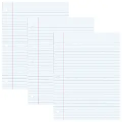 Filler Paper, White, 3-Hole Punched, Red Margin, 3/8" Ruled, 8" x 10.5", 200 Sheets Per Pack, 3 Packs