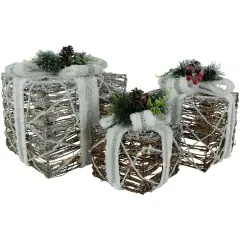 Northlight LED Lighted Gift Boxes with Pine and Berries Christmas Decorations - 9.75" - Set of 3 Beige