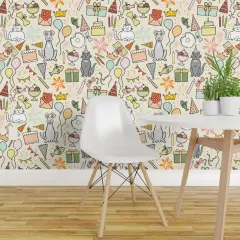 Peel & Stick Wallpaper 2FT Wide Dog Cat Multicolor Presents Whimsical Celebration Playful Balloons Pastels Candles Birthday Cake Bright Summer Colors Gift Large Scale Custom Removable Wallpaper by Spoonflower