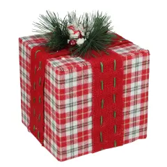 Northlight Plaid Gift Box with Pine Bow Christmas Decoration - 8" - Red and Green