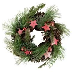 Northlight Real Touch&trade;️ Pine and Pinecone Artificial Christmas Wreath with Stars- 13.5" - Unlit Red