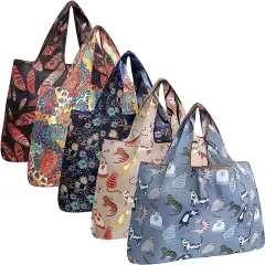 Wrapables Large Foldable Tote Nylon Reusable Grocery Bags, 5 Pack Cats & Deco