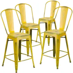 Emma and Oliver Commercial Grade 4 Pack 24" High Distressed Metal Indoor-Outdoor Counter Height Stool with Back Yellow