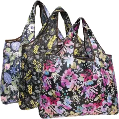Wrapables Large Foldable Tote Nylon Reusable Grocery Bag, 3 Pack Spring Bouquet