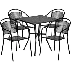Emma and Oliver Commercial Grade 28" Square Metal Garden Patio Table Set w/ 4 Round Back Chairs Black