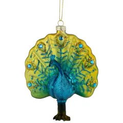 Northlight Standing Glittered Peacock Glass Christmas Ornament - 4.75"- Yellow and Blue