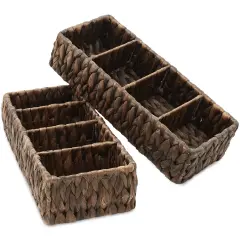 Casafield Set of 2 Water Hyacinth Divided Basket Organizers - Woven Bins for Bathroom, Bedroom, Laundry, Pantry, Shelves