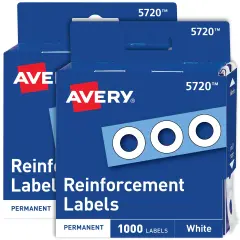 Avery Self-Adhesive Hole Reinforcement Stickers, 1/4" Diameter Hole Punch Reinforcement Labels, White, Non-Printable, 1,000 Labels Per Pack, 2-Pack, 2,000 Labels Total (5615)