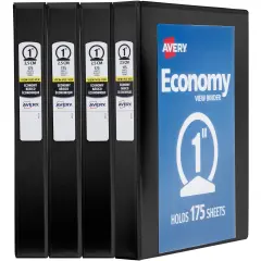 Avery Economy View 3 Ring Binders, 1" Round Rings, 4 Black Binders (19203)