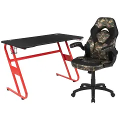 Emma and Oliver Gaming Desk and Racing Chair Set with Cup Holder and Headphone Hook Camouflage