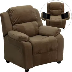 Emma and Oliver Deluxe Padded Contemporary Kids Recliner with Storage Arms Brown Microfiber