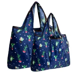 Wrapables Large & Small Foldable Tote Nylon Reusable Grocery Bags, Set of 2 Cactus Party