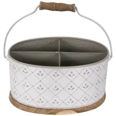 Northlight 10" White Oval Embossed Utensil Caddy with Handle and Wood Base