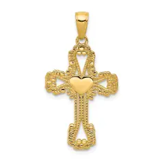14K Gold Beaded Cross With Heart Pendant Charm Jewelry 32mm x 18mm