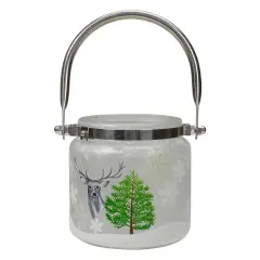 Northlight 4" Deer, Pine and Snowflakes Hand Painted Flameless Glass Candle Lantern Gray