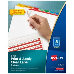 Avery 8 Tab Dividers for 3 Ring Binder, Easy Print & Apply Clear Label Strip, Index Maker Customizable Multicolor Tabs, 25 Sets (11424)