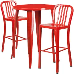 Emma and Oliver Commercial 30" Round Metal Indoor-Outdoor Bar Table Set & 2 Slat Back Stools Red