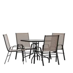 Emma and Oliver Five Piece Patio Dining Set - Square Table with Powder Coated Frame and Tempered Glass Top & 4 Flex Comfort Stack Chairs Brown