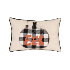 Franklin Plaid Black Pumpkin "Eek" Spider Web Halloween Linen Accent Pillow, 14" x 22"
