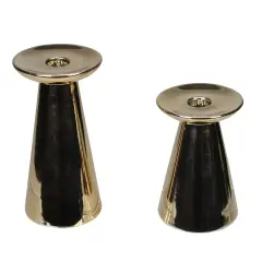 Raz Set Of 2 Shiny Gold Pedestal Taper and Votive Ceramic Candle Holders 7"