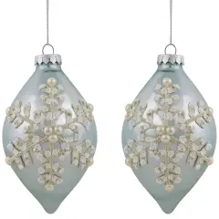 Northlight Set of 2 Shiny Artic Blue Textured Snowflakes Finial Christmas Glass Ornaments 5"