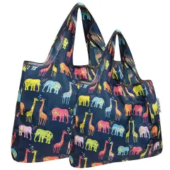 Wrapables Large & Small Foldable Tote Nylon Reusable Grocery Bags, Set of 2 Elephants & Giraffes