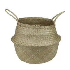 Northlight 15" Brown Seagrass Wide Belly Wicker Basket with Handles