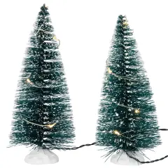 Northlight LED Lighted Frosted Mini Bottle Brush Pine Christmas Village Trees - 6" - Set of 2 Green
