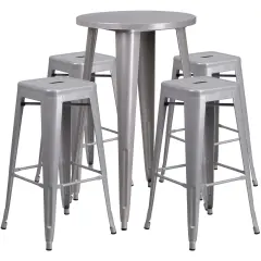 Merrick Lane Giosetta Patio Set with Table and Backless Stools - Powder Coated Metal Frames for Indoor and Outdoor Use Silver