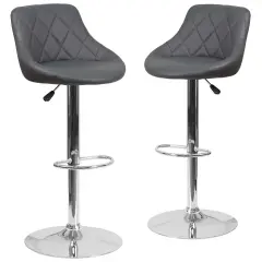 Emma and Oliver 2 Pack Contemporary Vinyl Bucket Seat Adjustable Height Barstool with Diamond Pattern Back and Chrome Base Gray
