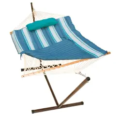 The Hamptons Collection 144" Blue and White Striped Cotton Soft Comfort Hammock with Frame