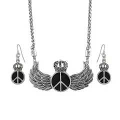 Royal Winged Peace Sign Necklace and Dangle Earrings Set