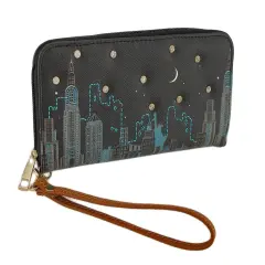 Colorful Cityscape Scene Textured Vinyl Zip Around Wallet