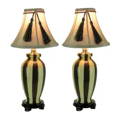 Vertical Striped Small Ceramic Table Lamp with Tassel Shade Set of 2