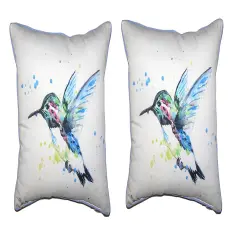 Pair Of Betsy Drake Green Hummingbird Small Outdoor/Indoor Pillows 12 X 12