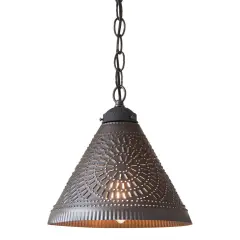 Wellington Shade Light Pendant in Kettle Black Perforated Tin