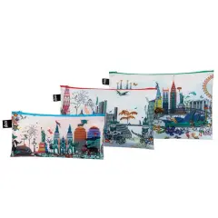 LOQI Artist Kristjana S Williams Interiors Zip Pockets, Set of 3, World Skyline