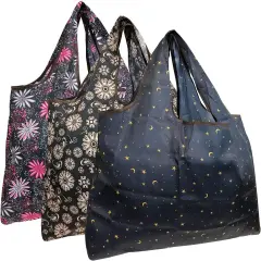 Wrapables Large Foldable Tote Nylon Reusable Grocery Bag, 3 Pack Midnight Madness